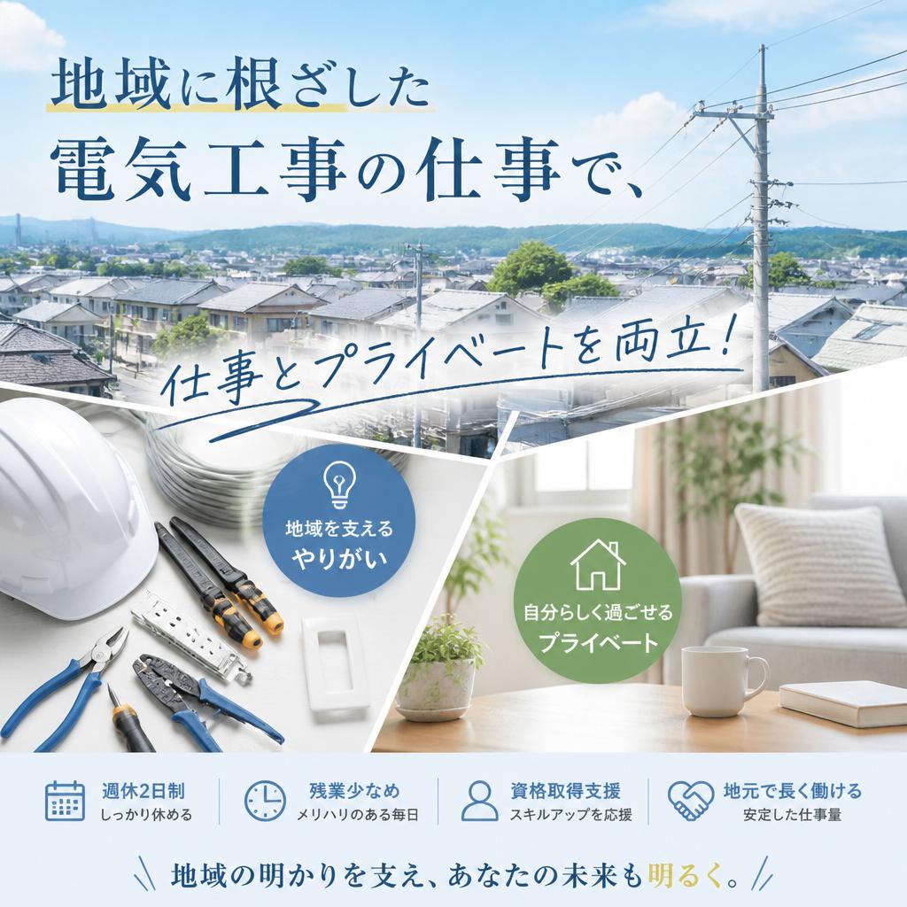 津山市で地域に根ざした電気工事の仕事で、仕事とプライベートを両立！